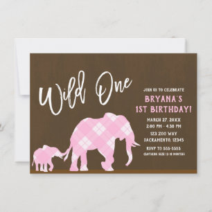 Invitation Éléphants roses marron moderne WILD ONE 1er annive