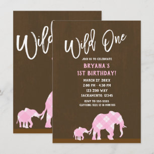 Invitation Éléphants roses marrons modernes WILD ONE 1er anni