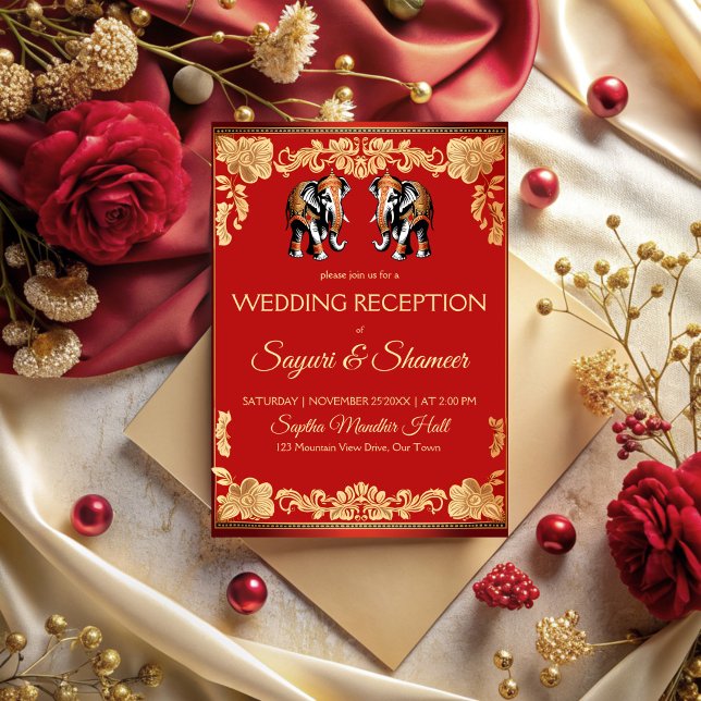 Invitation Éléphants rouges et dorés réception de mariage ind (Red and gold elephants Indian wedding reception Invitation cards template wedding invitation suite)