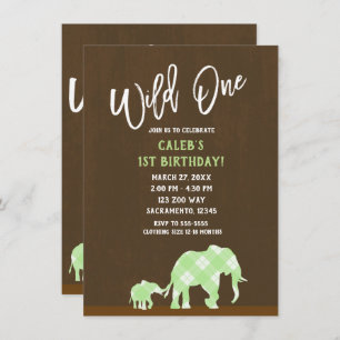 Invitation Eléphants verts Brown Moderne SAUVAGE UN 1ER anniv