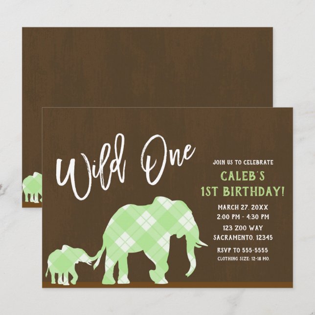 Invitation Éléphants Verts Marron Moderne WILD ONE 1er Annive (Devant / Derrière)
