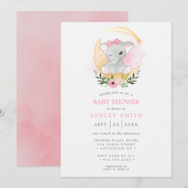 Invitation Élévation de bébé fille à l'éléphant et à la lune  (Devant / Derrière)