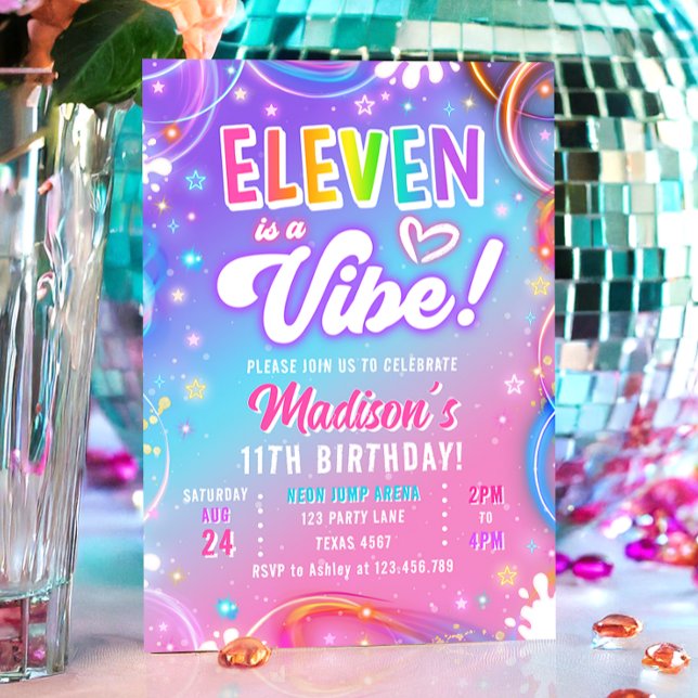 Invitation Eleven is a Vibe Retro Groovy Neon Girl Birthday (Créateur téléchargé)