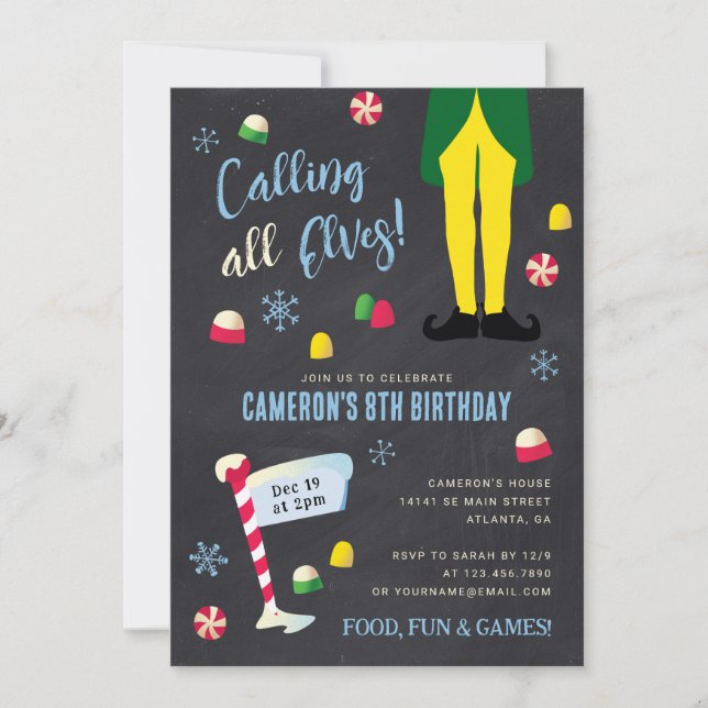 Invitation Elf Movie Kids Chalkboard hiver Anniversaire (Devant)