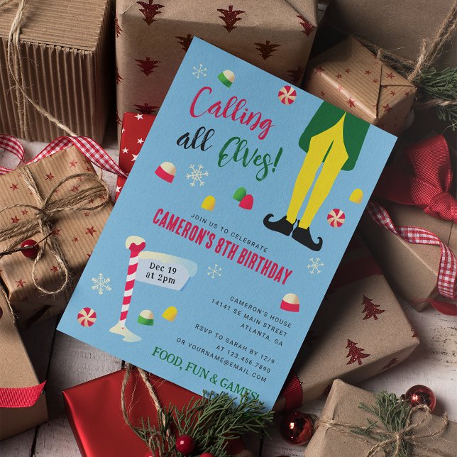 Invitation Elf Movie Kids hiver Anniversaire - Bleu (Invitation with presents)