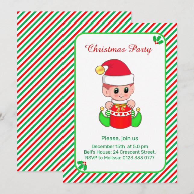 Invitation Elfe mignon sur une fête de Noël verte à rayures r (Devant / Derrière)