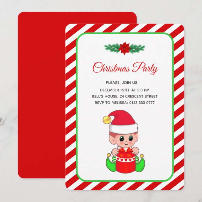 Invitation Elfe Moderne Mignon sur Fête de Noël Rouge et Blan (Devant / Derrière)