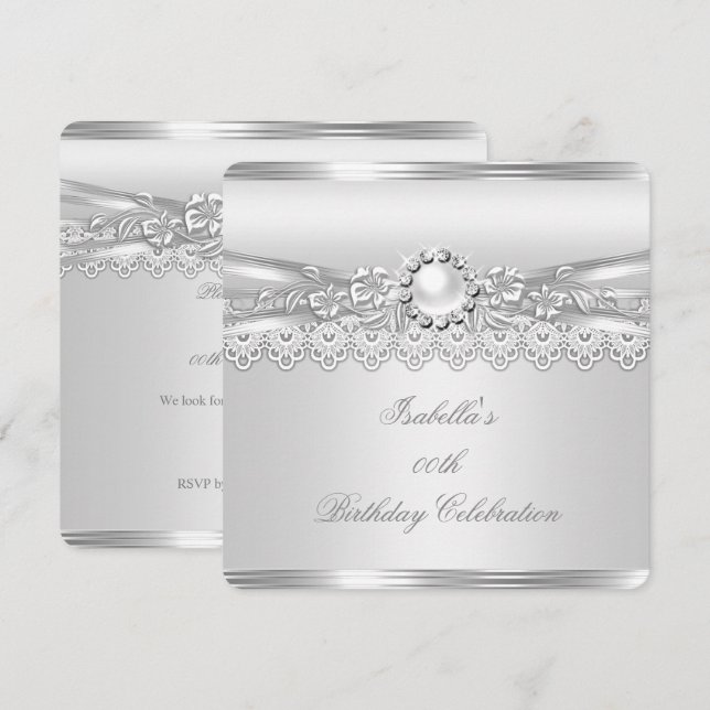 Invitation Élite Blanc Perle Argent Dentelle Floral Anniversa (Devant / Derrière)