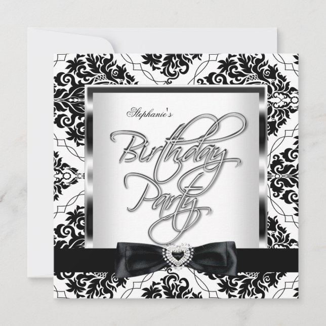 Invitation Élite Damassé Argent Noir Blanc Fête d'anniversair (Devant)