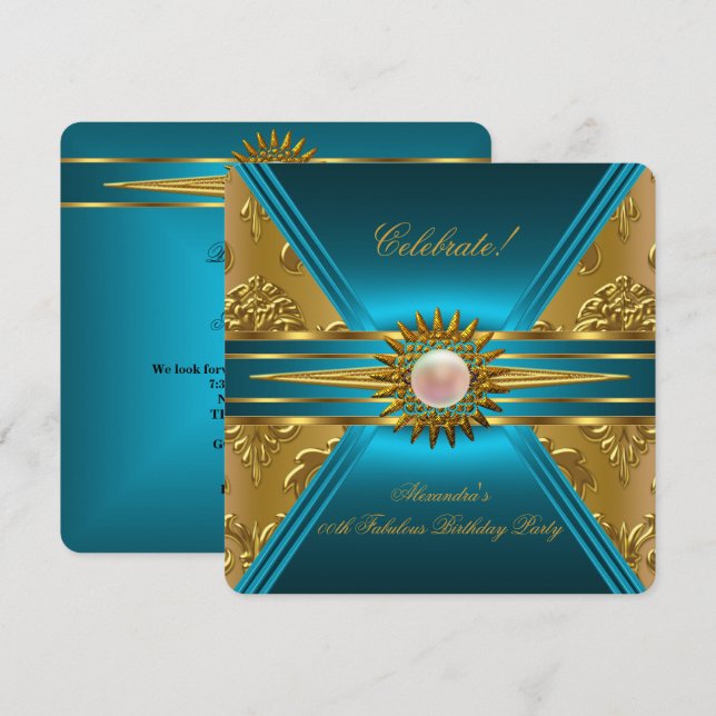 Invitation Elite Damassé Bleu Canard Or Floral Fête 2 (Devant / Derrière)