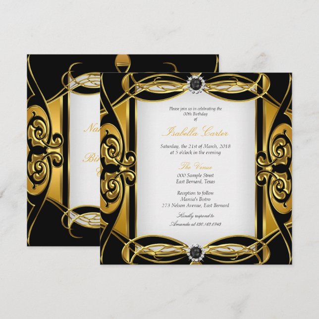 Invitation Élite Deco Perle noire dorée blanche Fête d'annive (Devant / Derrière)