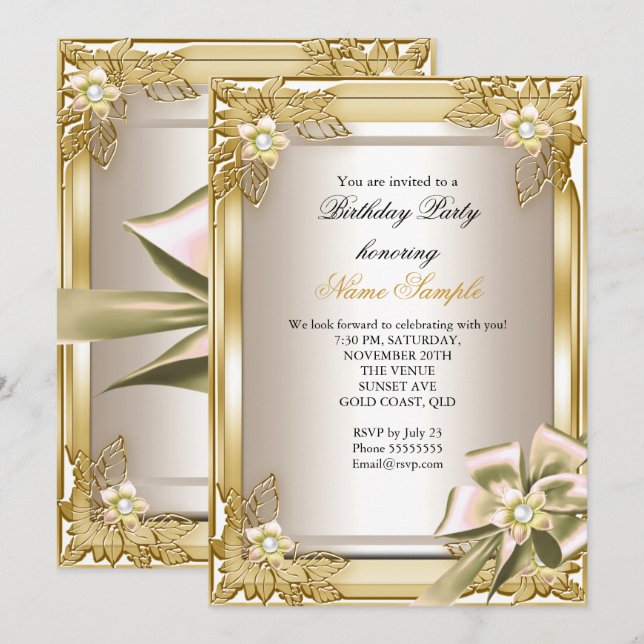Invitation Elite Élégante fête d'anniversaire Gold Cream Bow  (Devant / Derrière)
