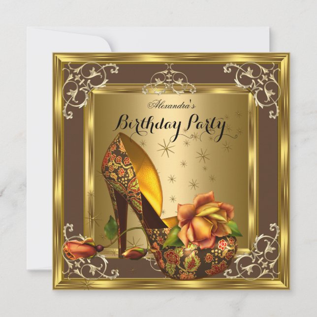 Invitation Elite Gold Brown Roses hauts talons fête d'anniver (Devant)