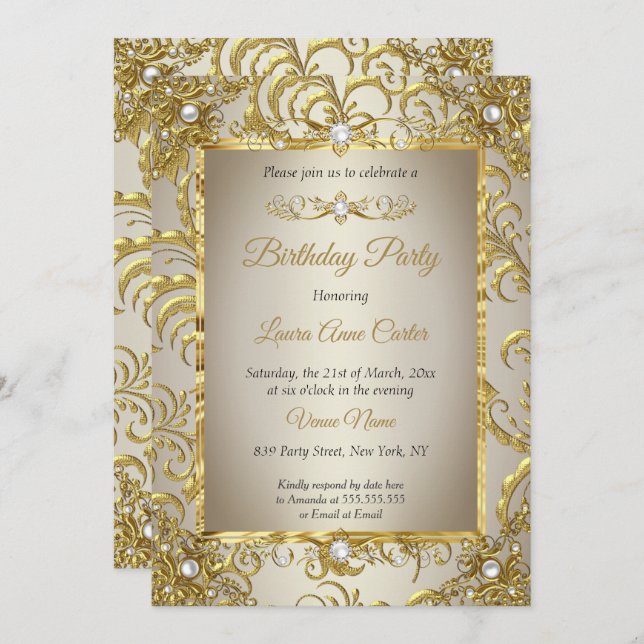 Invitation Elite Gold Damask Cream Pearl fête d'anniversaire (Devant / Derrière)