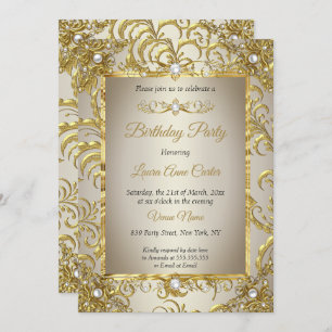 Invitation Elite Gold Damask Cream Pearl fête d'anniversaire