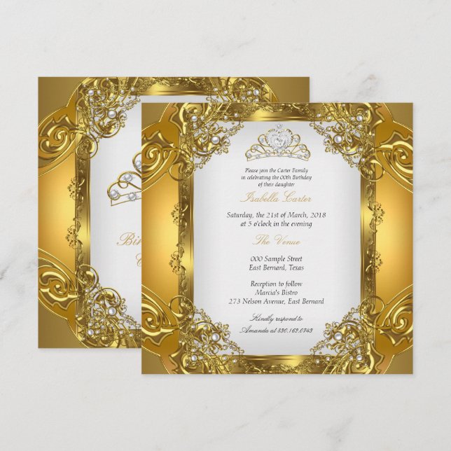 Invitation Elite Golden White Pearl Lace Tiara Anniversaire 2 (Devant / Derrière)