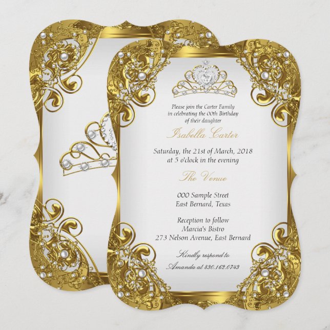 Invitation Elite Golden White Pearl Lace Tiara fête d'anniver (Devant / Derrière)