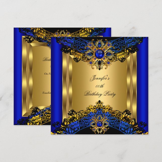 Invitation Élite Or Noir Fête Anniversaire Bleu Royal Gem 2 (Devant / Derrière)