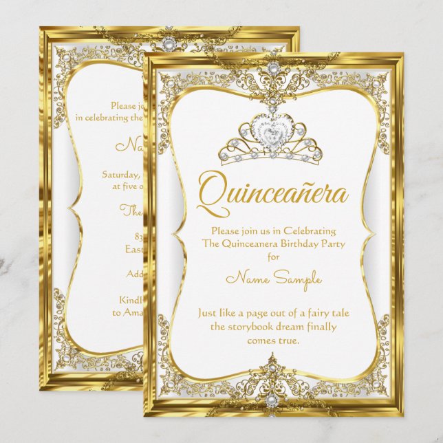 Invitation Elite Or Perle Blanche Princesse Quinceanera (Devant / Derrière)