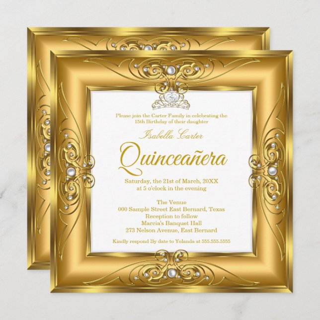 Invitation Elite Quinceanera 15ème Gold Pearl Gem Tiara Photo (Devant / Derrière)