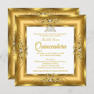 Invitation Elite Quinceanera 15ème Gold Pearl Gem Tiara Photo