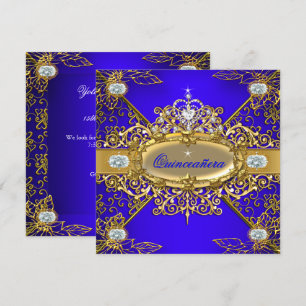 Invitation Élite Quinceañera Bleu Royal Or Damassé 15ème 2