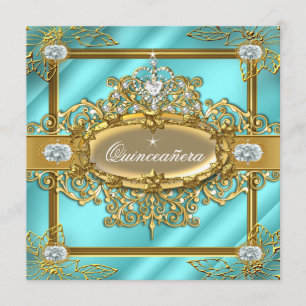 Invitation Élite Quinceañera Bleu sarcelle Or Damassé 15ème
