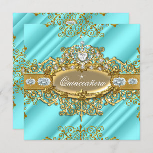 Invitation Elite Quinceanera Blue Turquoise Silver Gold 15ème