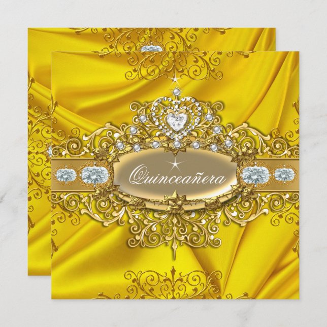 Invitation Elite Quinceanera Jaune Soie Jaune Soie Silver Gol (Devant / Derrière)