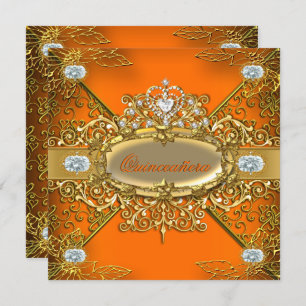 Invitation Elite Quinceanera Orange Gold Damask 15ème Parti