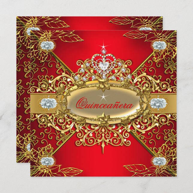 Invitation Elite Quinceanera Regal Red Gold Damask 15e Parti (Devant / Derrière)