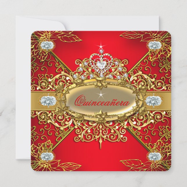 Invitation Elite Quinceanera Regal Red Gold Damask 15e Parti (Devant)
