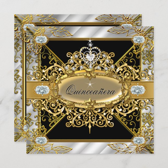 Invitation Elite Quinceanera Silver Gold Black Damask 15e (Devant / Derrière)