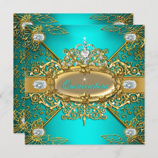 Invitation Elite Quinceanera Turquoise Blue Gold Damask 15e P (Devant / Derrière)