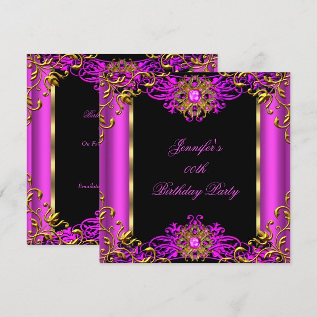 Invitation Élite Rose Foncé Or Noir Fête d'Anniversaire 2 (Devant / Derrière)