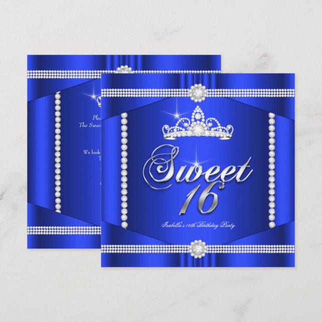 Invitation Elite Royal Bleu Princesse Sweet 16 Fête Diamant (Devant / Derrière)