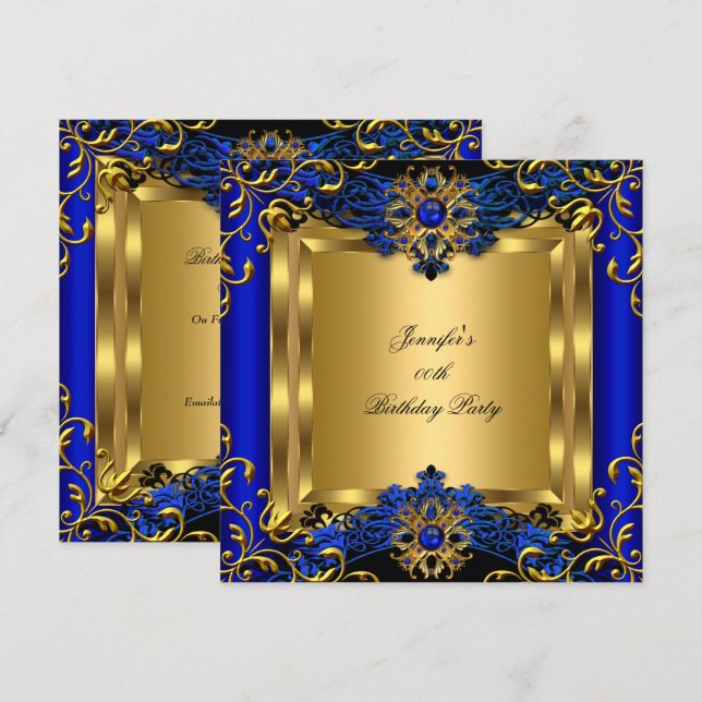 Invitation Elite Royal Blue Gem Gold Black Anniversaire Party (Devant / Derrière)