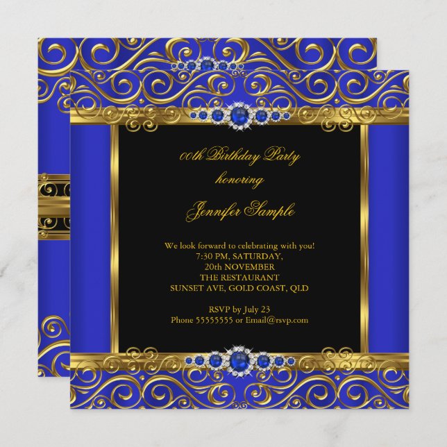 Invitation Elite Royal Blue Gold Damask Pearl Anniversaire 2 (Devant / Derrière)