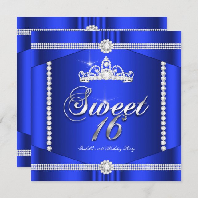 Invitation Elite Royal Blue Princess Sweet 16 Party Diamond (Devant / Derrière)