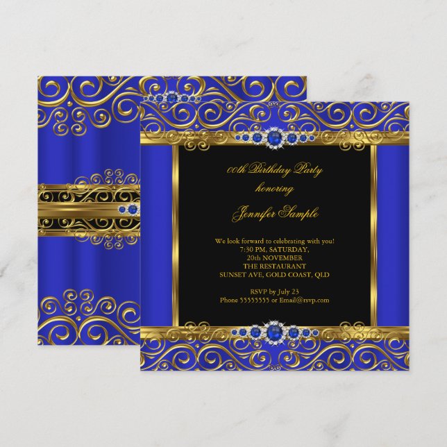 Invitation Elite Royale Bleu Or Damassé Perle Anniversaire 2 (Devant / Derrière)