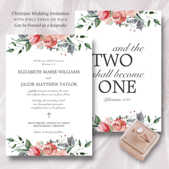 Invitation Elizabeth Deux Deviendront Une Seule Chose Mariage (Pink, floral, Christian wedding invitation with Bible verse on back.)