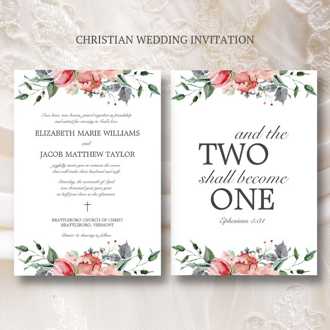Invitation Elizabeth Elegant Rose Fleurs Mariage chrétien (Christian wedding invitation with Bible verse on back.)