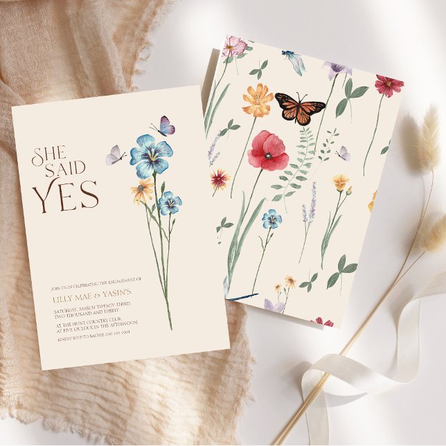 Invitation Elle a dit oui Blue Wildflower Fiançailles (Simple Blue Wildflower She Said Yes Engagement Invitation)