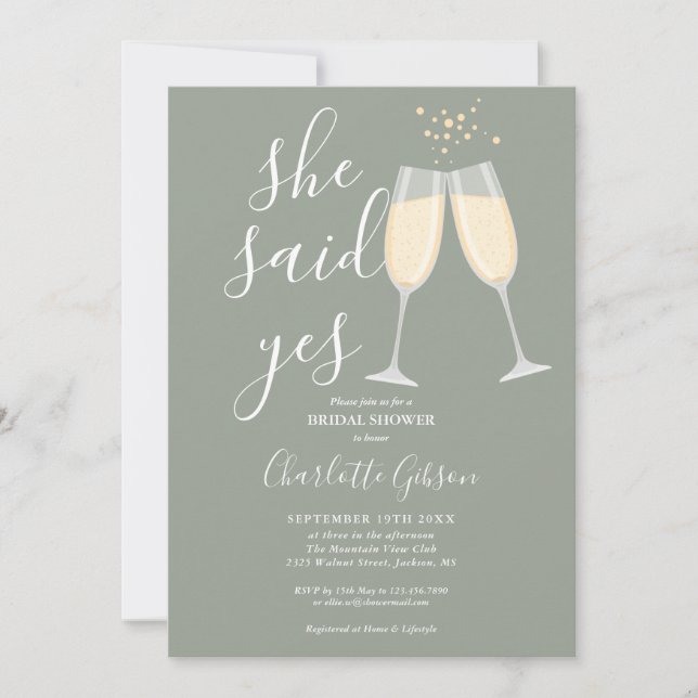 Invitation Elle a dit oui Champagne Réception de mariage Vert (Devant)