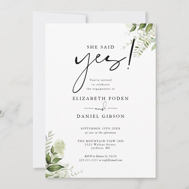 Invitation Elle a dit oui Fleurs de verdure Fête de fiançaill (Devant)