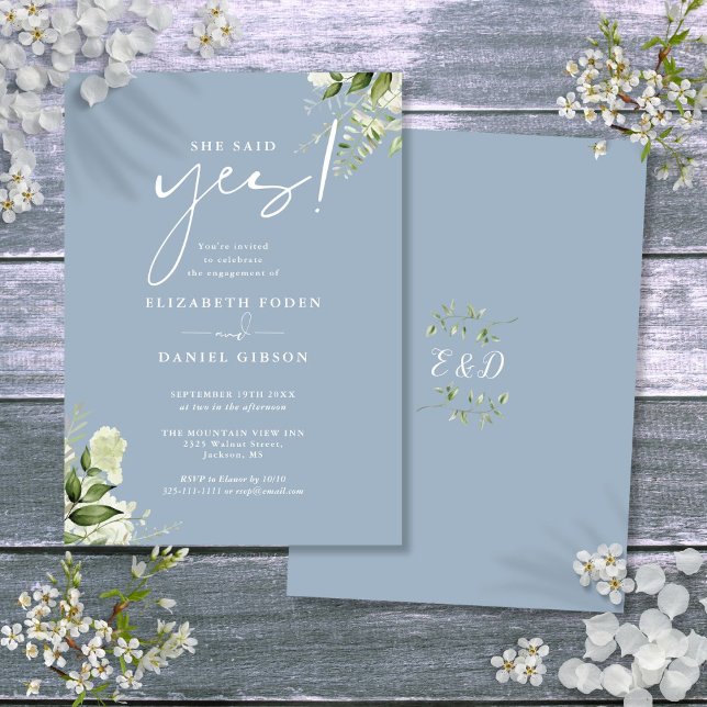Invitation Elle A Dit Oui Floral Dusty Blue Engagement Party (She Said Yes Floral Dusty Blue Engagement Party Invitation)