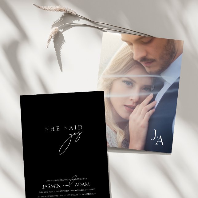 Invitation Elle a dit Oui ! Mariage photo de script simple no (She said Yes! Black Simple Script Photo Wedding Invitation)