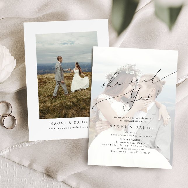 Invitation Elle a dit oui Photo de fiançailles en écriture mo (She Said Yes Modern Script Photo Engagement Invitation)