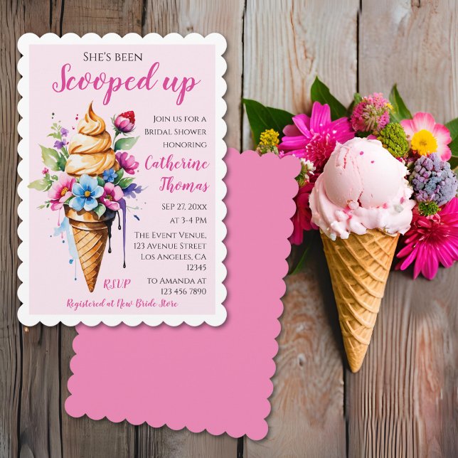 Invitation Elle a été ramassée Fête de mariage avec glace (Flat lay she’s been scooped up ice cream bridal shower invitation with waffle cone ice cream scoops )