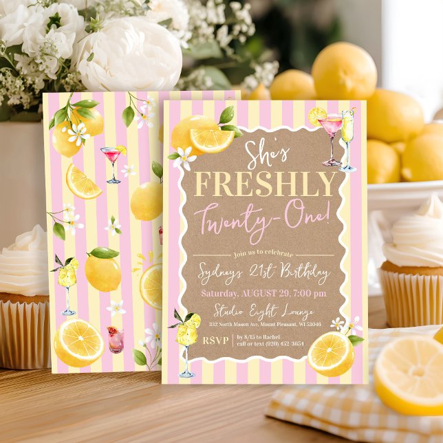 Invitation Elle a FRAÎCHEMENT vingt-et-un ans Citrons Rose 21 (She's Freshly Twenty-One watercolor lemons floral cocktails pink yellow stripes 21st birthday invite)
